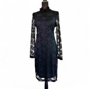 Karen Kane Black Lace Long Sleeve Turtleneck Bodycon Midi Dress Size Large NWT